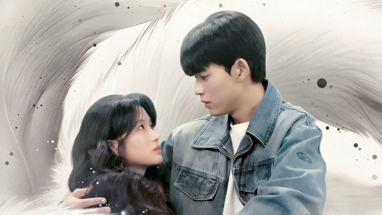 Atores protagonistas de De Repente Humana, se olhando, em poster do dorama netflix