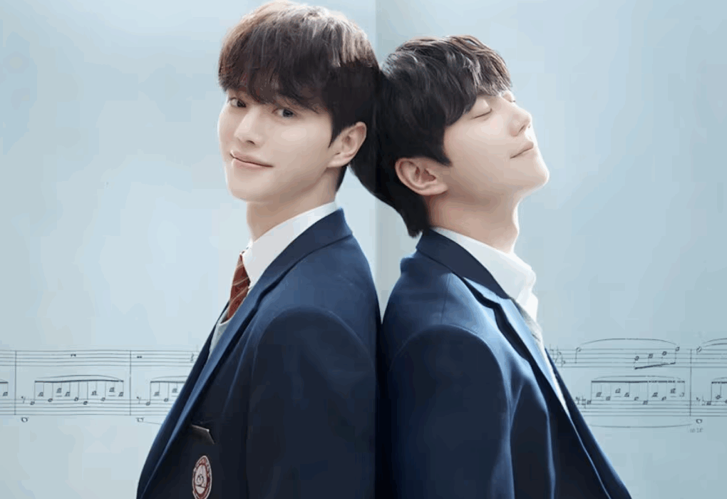Protagonistas de Quatro Mãos, Duas Sonatas, novo k-drama da Netflix, aparecem de costas um para o outro em imagem promocional da série.